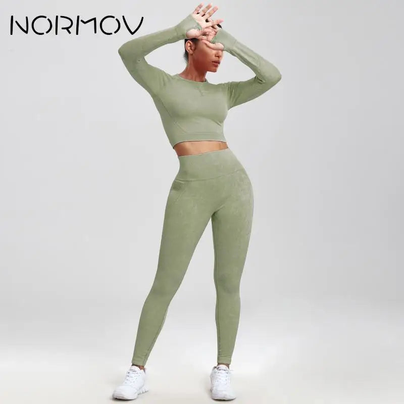 NORMOV 2Pcs Gym Women Sets Seamless Yoga Set High Waist Gym Sportwear Push Up Sport Workout Sets Fitness Long Sleeve Gym Suit